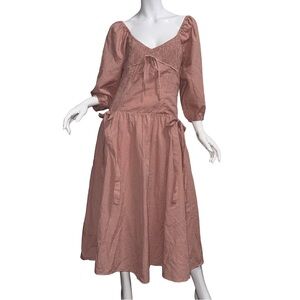 💖 Dusty Rose Romantic Puff Sleeve Cottagecore Midi Dress Soft Girl Prairie Trad